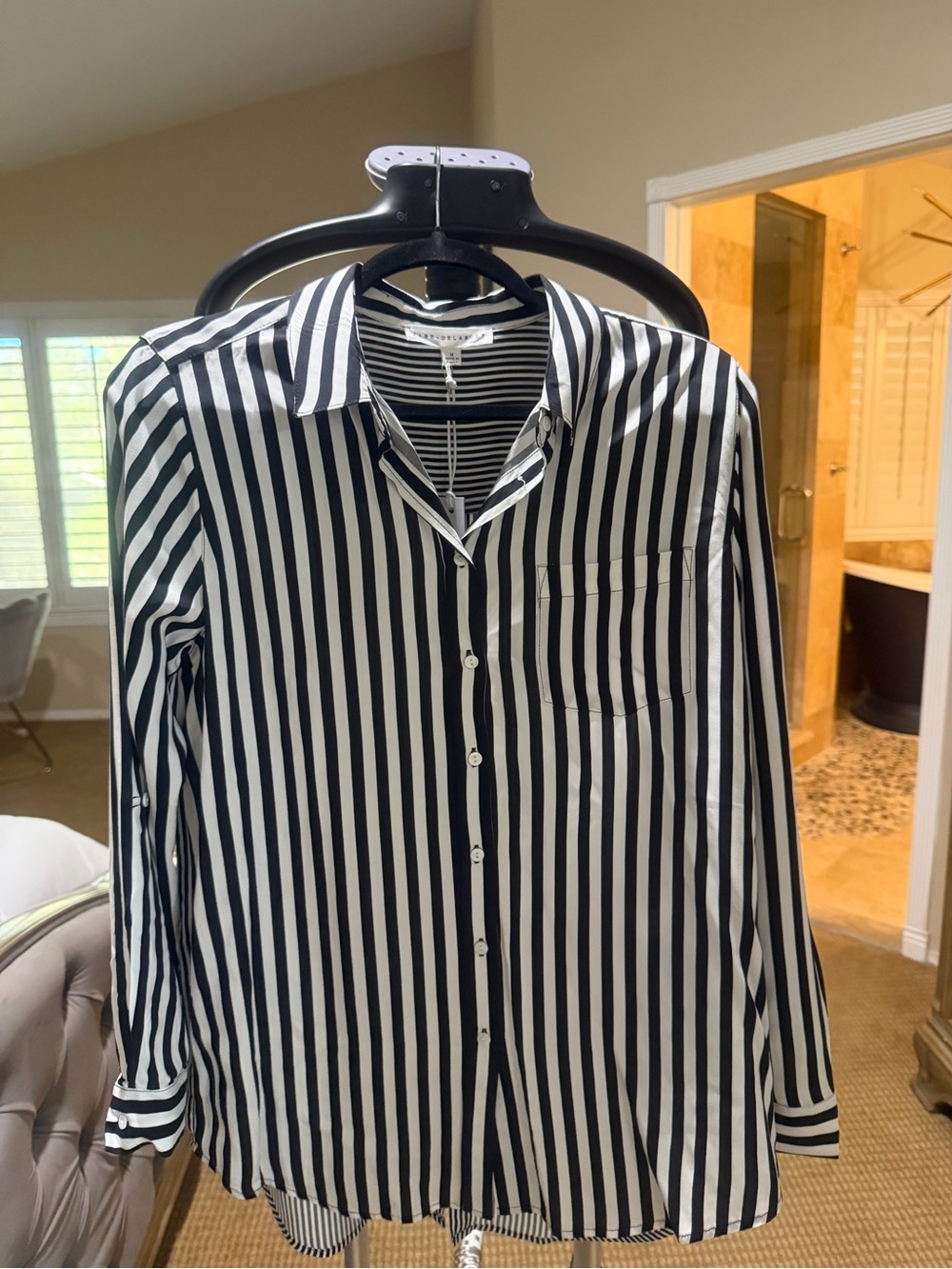 Jane and Delancey Black and White Vertical Stripe Blouse